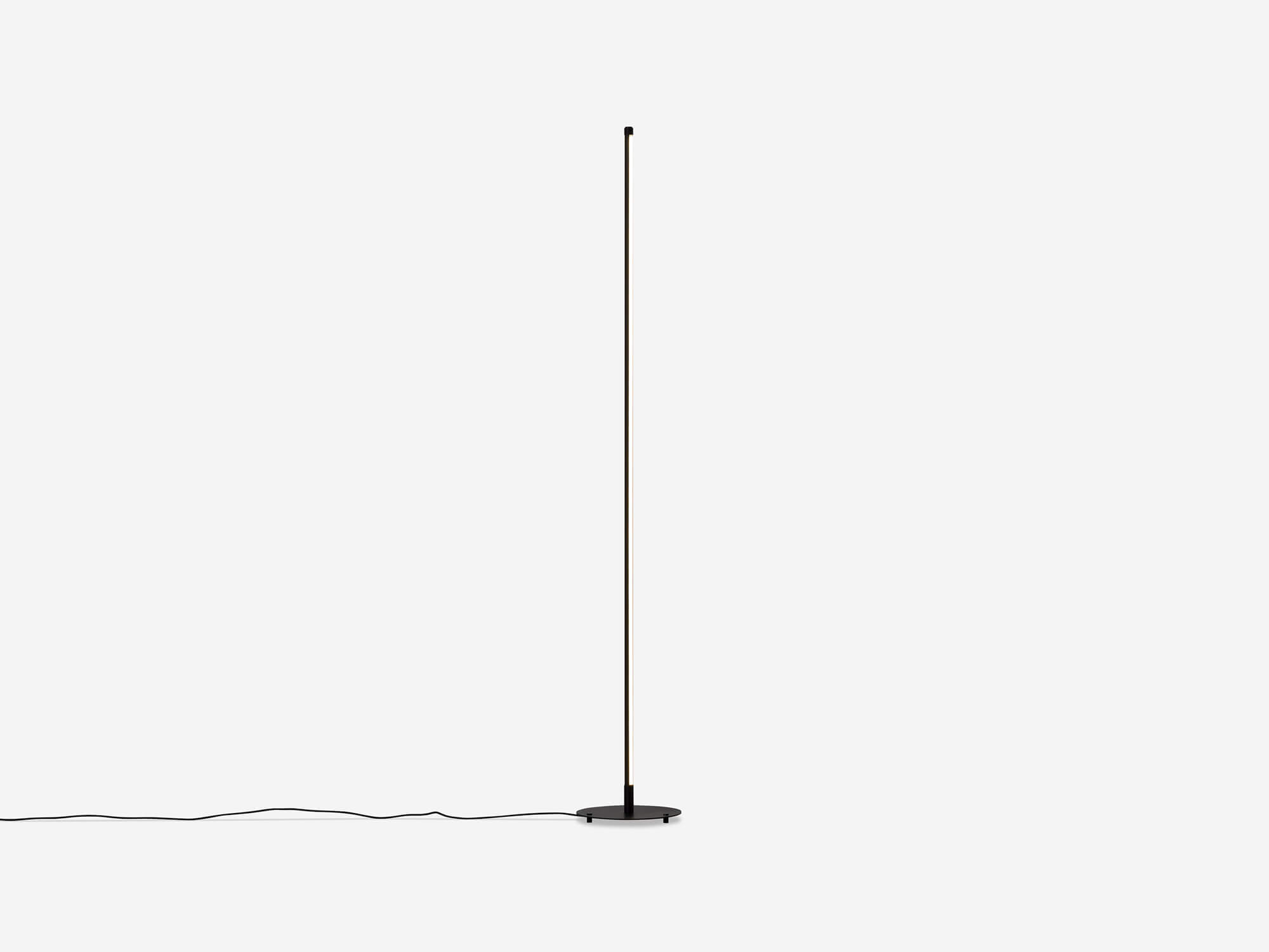 Front view of thin black floor lamp